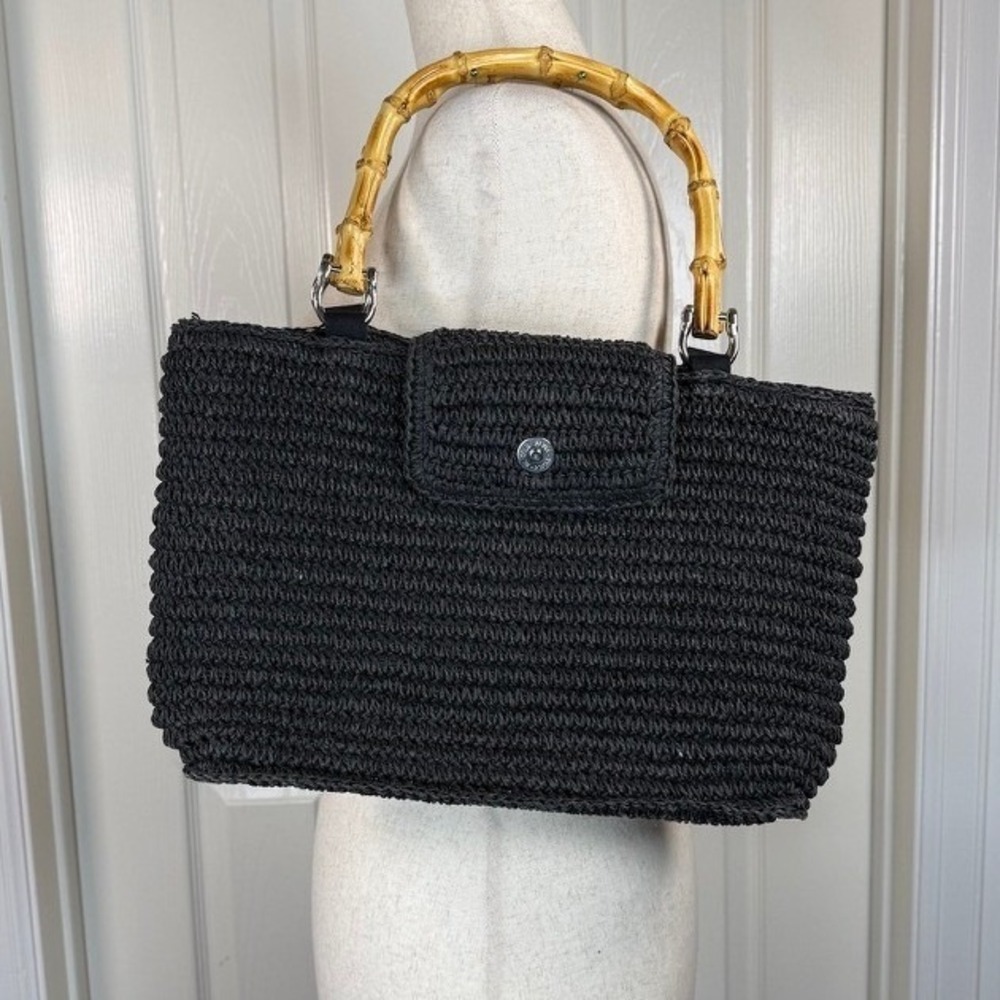 Talbots Navy Blue Woven Rattan Tote Bag with Natural Bamboo Handle Vintage 90s - Picture 1 of 3